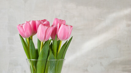 pink tulips in a vase on a gray background