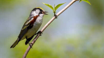 Adorable Chestnut Sided Warbler perched on a tree branch in a natural outdoor setting