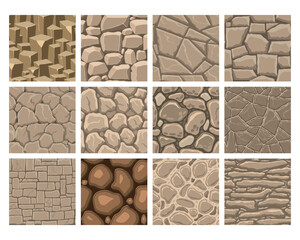 Cartoon game textures, rocks, dirt and ground surface seamless patterns. Game assets walls and environment backgrounds