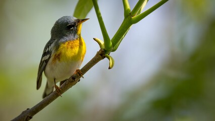 Closeup of a Northern Parula on a tree branch during spring migration at Magee Marsh Wildlife area