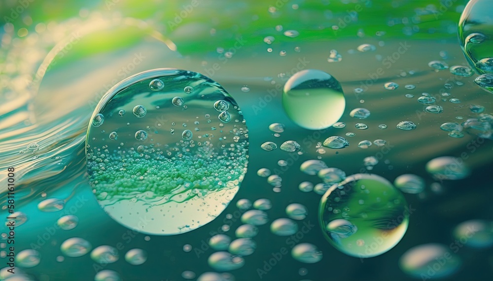Poster a close up of water droplets on a surface with green grass in the background and a blue sky in the b