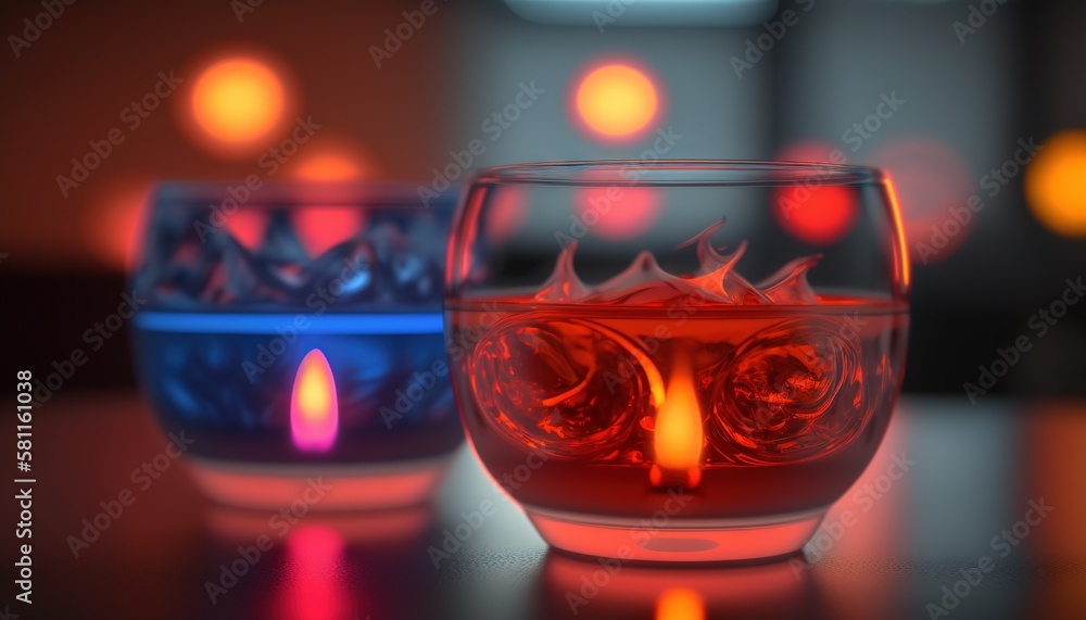 Poster a close up of a glass with a candle inside of it on a table next to another glass with a candle insi