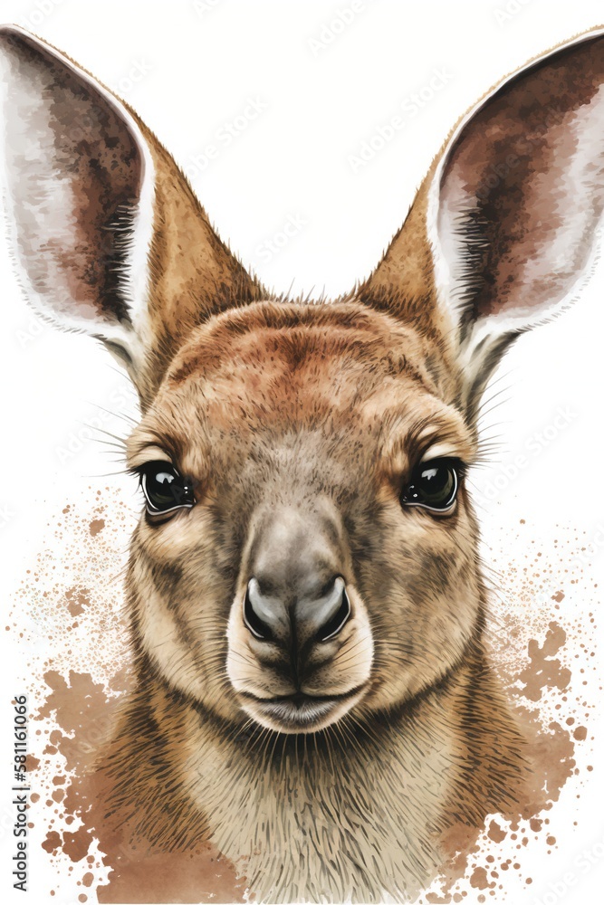 Poster a close up of a kangaroo's face on a white background with a brown spot in the middle of the image a