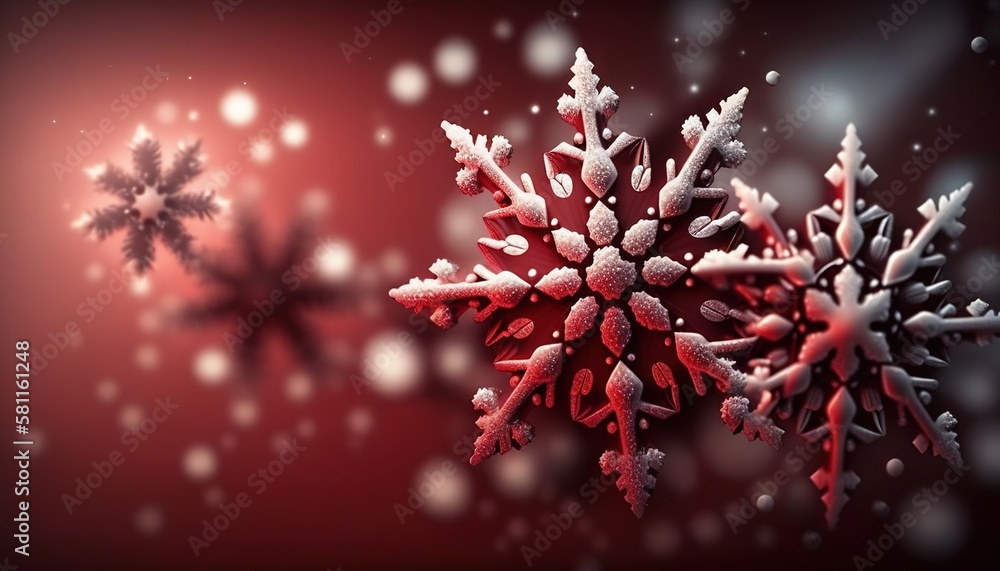 Poster a group of snowflakes on a red background with snow flakes in the air and snow flakes in the foregro