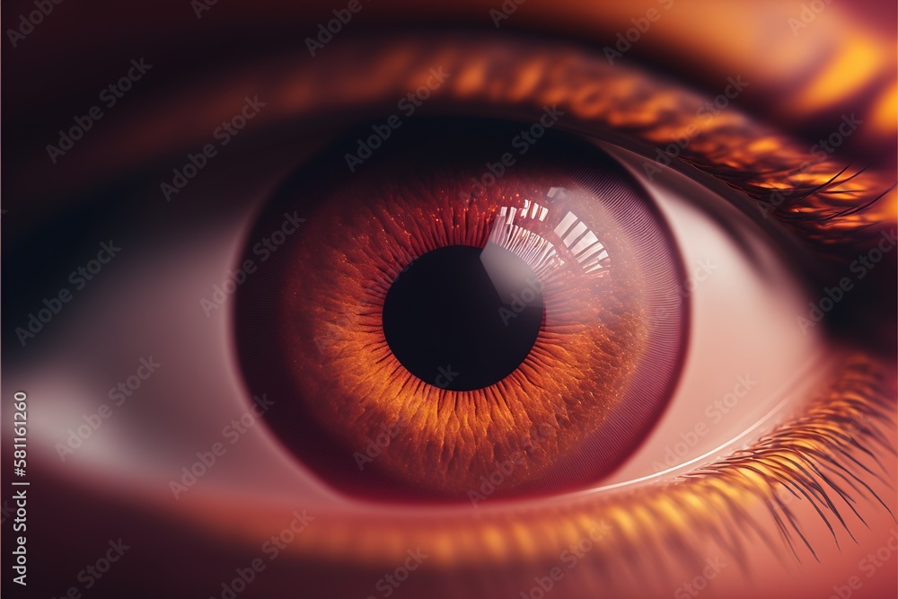 Poster a close up of an orange eye with a black circle in the center of the iris of the eye and a red backg