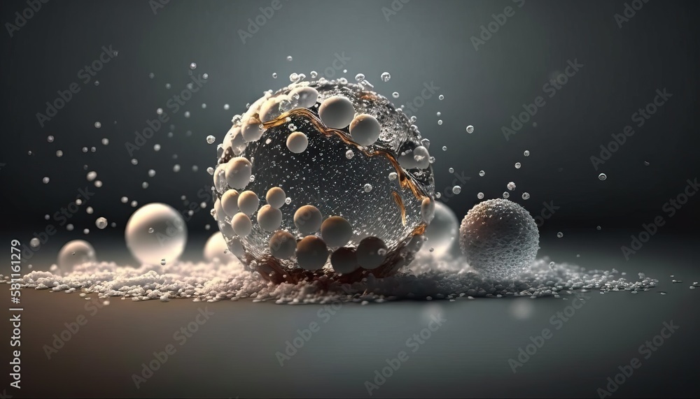 Poster a sphere with bubbles and water on a dark background with a light reflection on the surface and a da
