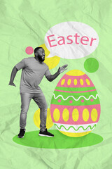 Vertical collage image of overjoyed black white gamma mini guy dancing huge painted egg speak...