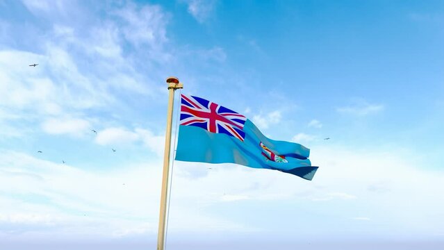 Flag of Fiji waving in the wind, sky and sun background. Fiji Flag Video. Realistic Animation, 4K UHD. 3D Animation
