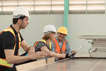 Meeting between designer and warehouse manager to organize the arrangement of product shelves in a...