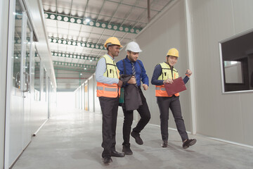 Obraz premium The warehouse manager advises the two employees on how to organize the shelves in a vast warehouseand and invited to dance to enjoy the event