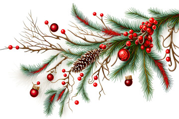 Fototapeta na wymiar Christmas tree branches decorated with red ornaments on a white background. Classic., winter, December, Christmas tree, new year, ornament.