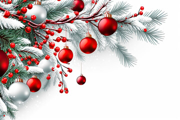 Christmas tree branches decorated with red ornaments on a white background. Classic., winter, December, Christmas tree, new year, ornament.