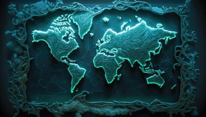 World Earth Map with a floral frame neon color Generative AI Illustration