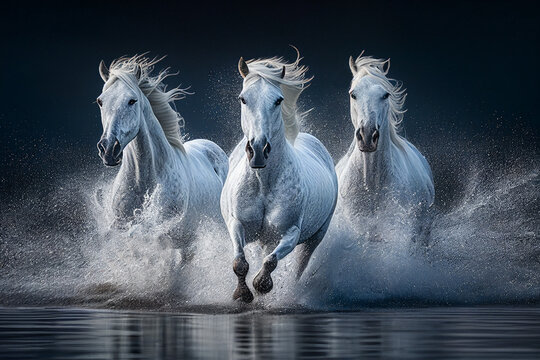 Three Camargue wild white horses running on a beach,water splash,front view