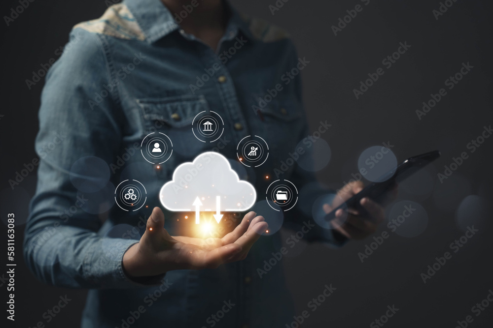 Poster cloud in hand. big data access concept with internet technology. online transaction