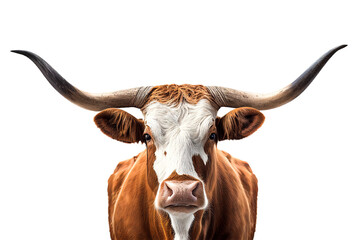 Texas Longhorn cow, front view cattle portrait isolated on transparent background, png cattle