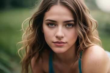 Naklejka premium Close-up portrait of pretty cute girl in freckles with messy dark wavy hair in tank top outdoors. Generative AI.