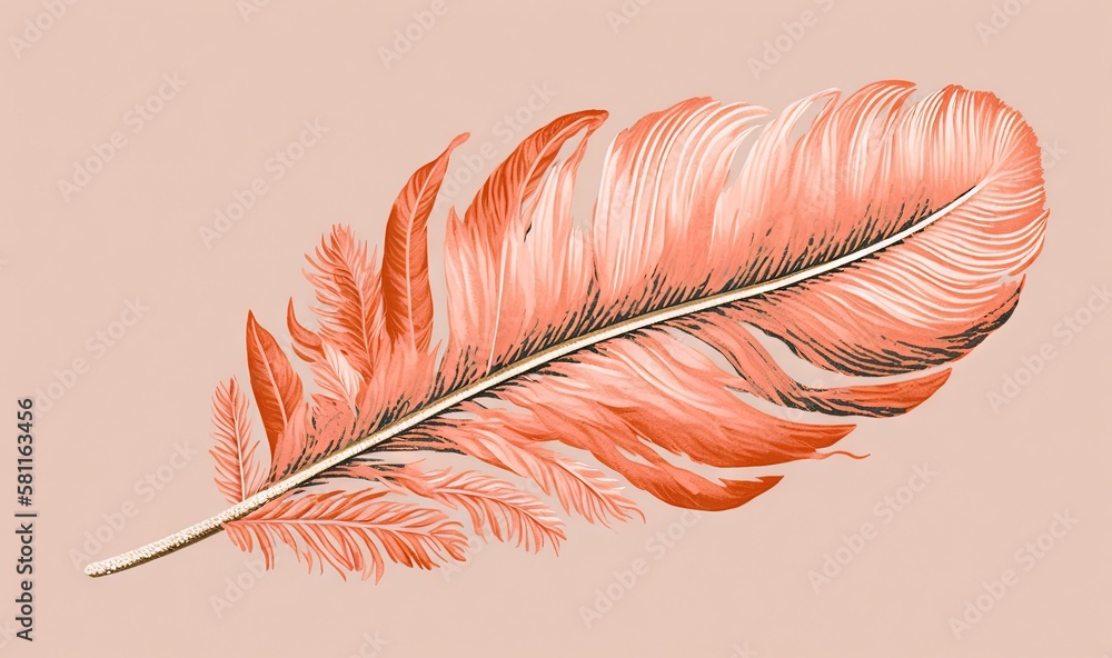 Poster a drawing of a pink feather on a light pink background with a white tip on the tip of the feather an