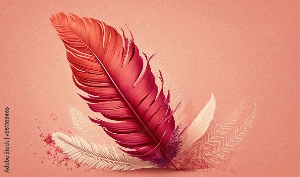 Aufkleber a red and white feather on a pink background with a splash of paint on the bottom of the feather and