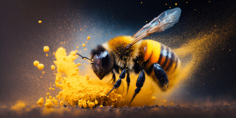 Close up of a bumble bee with yellow flower pollen explosion. Generative ai - obrazy, fototapety, plakaty