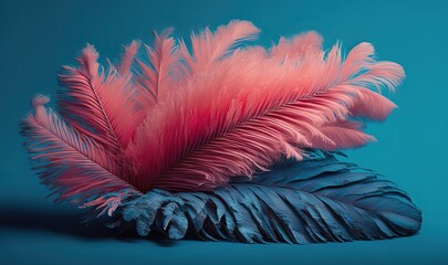 a pink and blue feather on a blue background with a blue background and a pink feather on the top of the feather, with a blue background.  generative ai