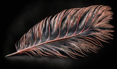  a close up of a pink and black feather on a black background with a black back ground and a black back ground with a black back ground.  generative ai