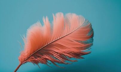  a single pink feather floating in the air on a blue background with a shadow of a feather on the left side of the image and a blue background.  generative ai
