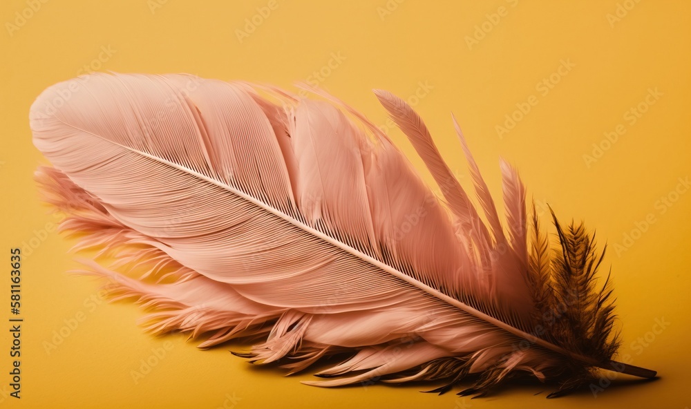 Poster a pink feather resting on a yellow background with a shadow of the feather on the left side of the i