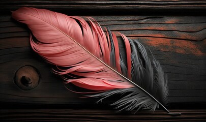  a red and black feather resting on a piece of wood with a hole in the middle of the feather and the rest of the feather resting on a piece of wood.  generative ai