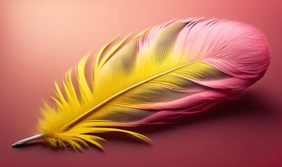  a pink and yellow feather resting on a pink surface with a pink background and a pink background with a pink background and a pink background with a pink background.  generative ai