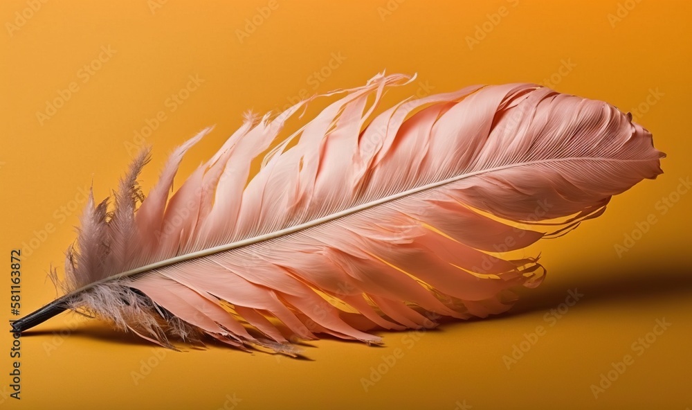 Poster a pink feather resting on a yellow background with a black pen resting on it's side, with a yellow b