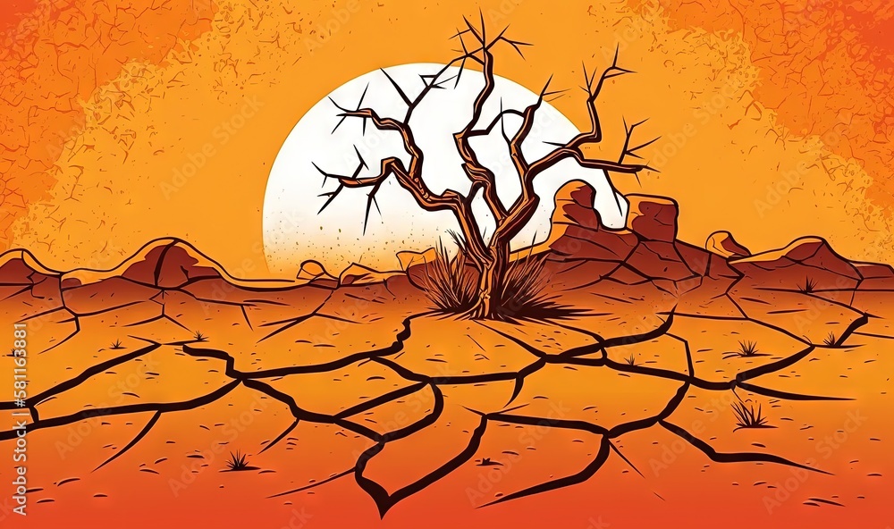 Poster a desert scene with a tree in the middle of it and a sun setting in the background with a red and or