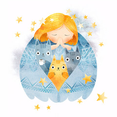 Watercolor illustration of an angel protecting her cats with warm wings from the cold. Concept art for cat shelters and charity organizations. Cat for adoption