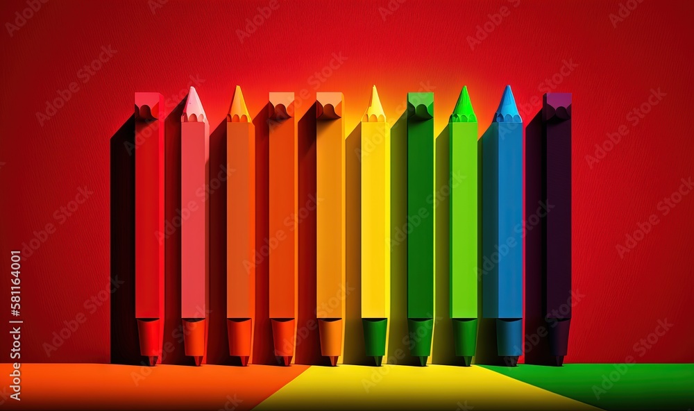 Poster a row of colored pencils sitting on top of a table next to a red wall with a rainbow colored pencil 
