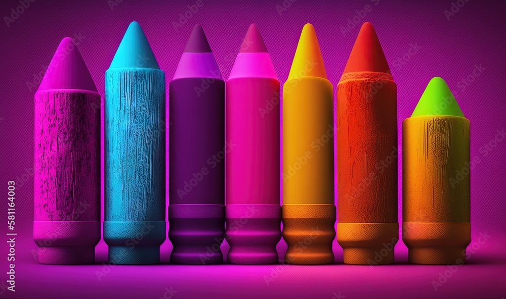 Poster a row of colored crayons on a purple background with a purple background and a pink background with 