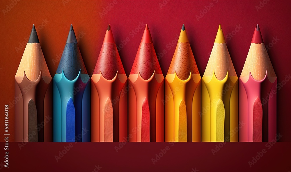 Poster a row of colored pencils lined up in a row on a red background with a red background behind them and