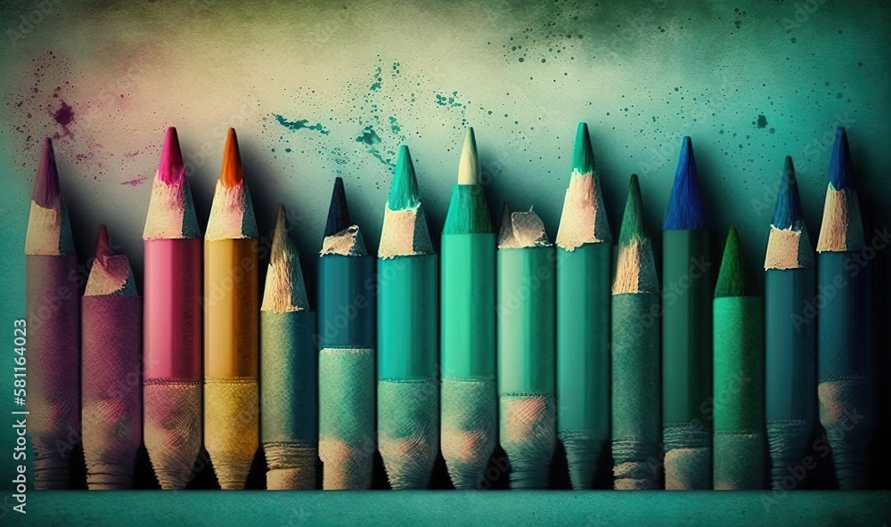 Poster a row of colored pencils lined up in a row on a table with a green background and a blue wall behind