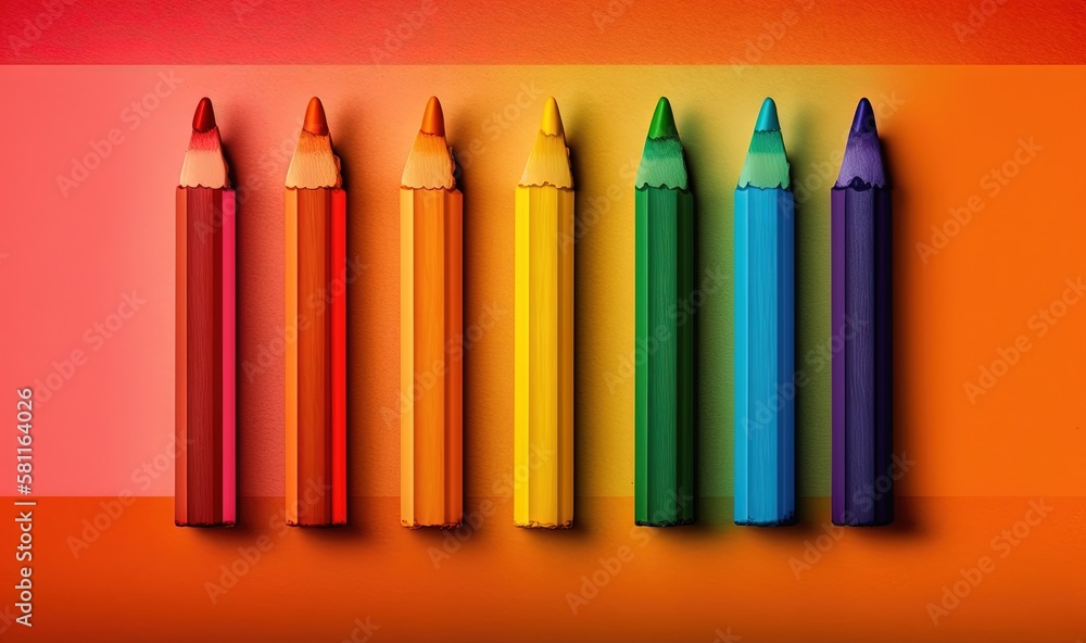 Poster a row of colored pencils sitting on top of each other on an orange and pink background with a red an