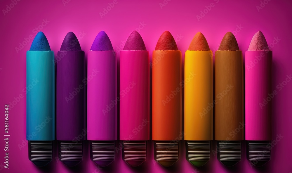 Poster a row of different colored pencils on a pink background with a pink background behind them and a pin