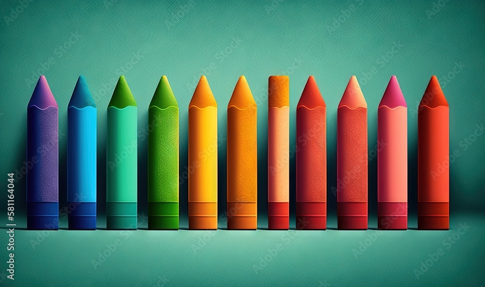 Poster a row of colored crayons sitting on a green surface with a green background and a green wall behind 
