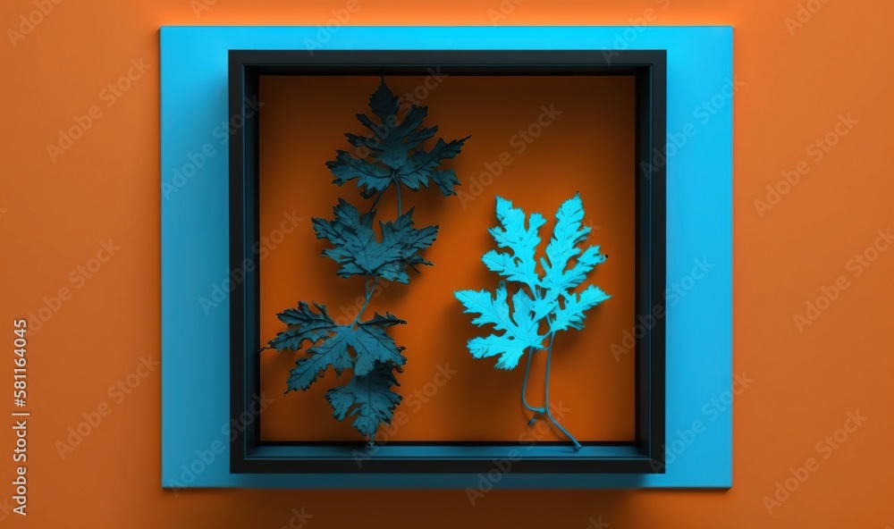 Poster a shadow of leaves in a frame on an orange wall with a blue border around it and the shadow of a lea