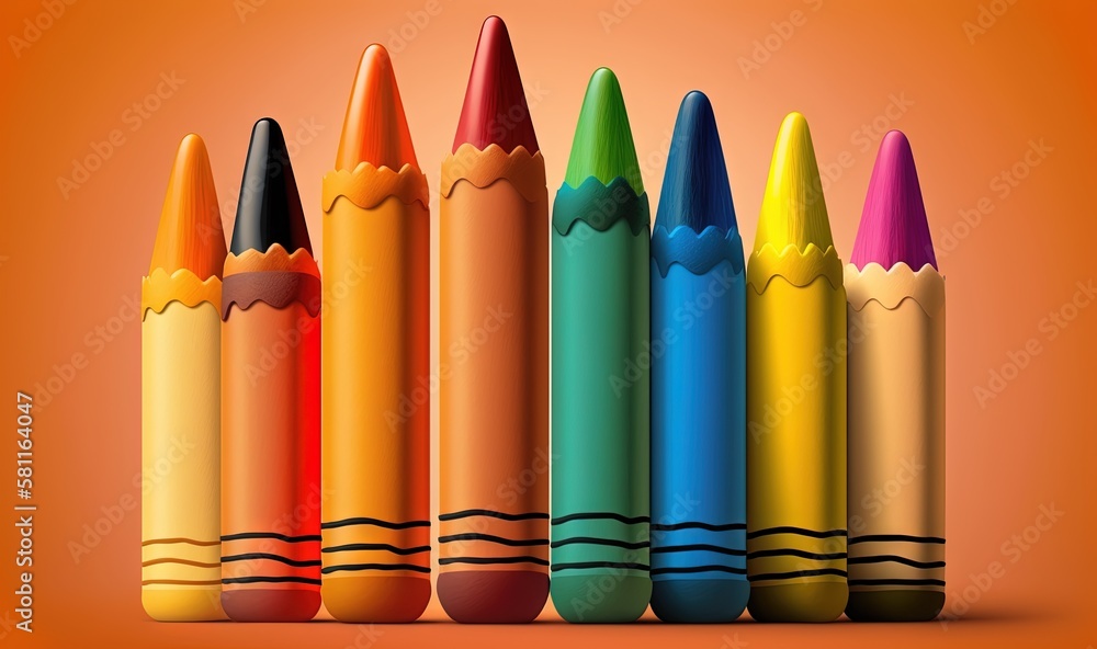 Poster a row of colored pencils on an orange background with a shadow of the pencils in the middle of the r