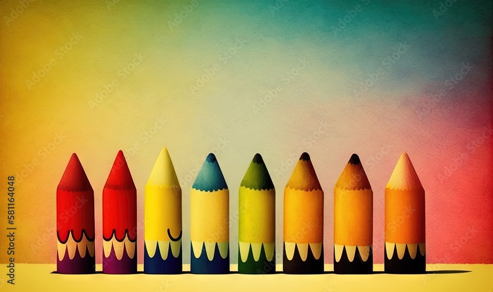 Aufkleber a row of colored pencils sitting on top of each other in front of a rainbow colored background with 