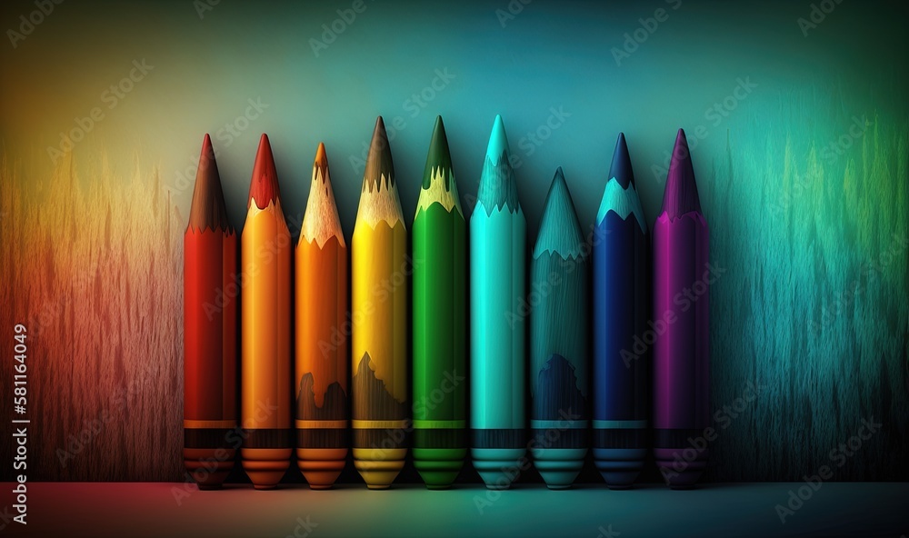 Poster a row of rainbow colored pencils lined up in a row on a wooden surface with a dark background and a 