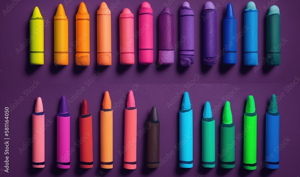 Poster several different colored crayons lined up on a purple surface with one of them in the middle of the
