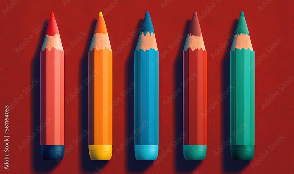Poster four colored pencils lined up in a row on a red surface with a red surface in the background and a r