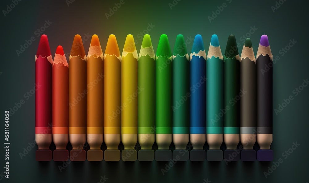 Poster a row of different colored pencils with a dark background with a rainbow of crayons in the middle of