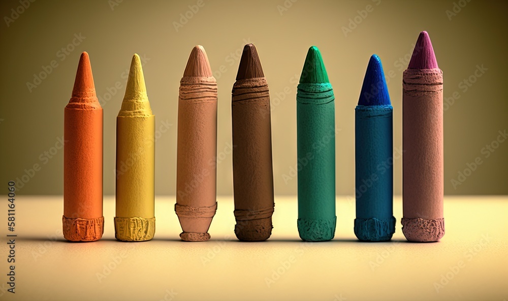 Poster a row of colored crayons sitting on top of a table next to each other on a table top with a brown ba
