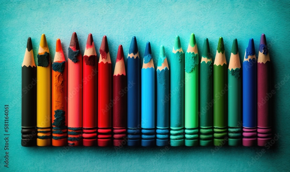 Poster a row of colored pencils lined up on a blue background with a green background and a row of colored 