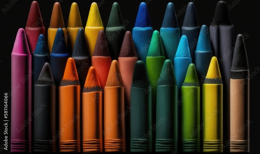 Poster  a group of different colored crayons lined up in a row on a black background with one of the crayons showing the colors of the crayons.  generative ai